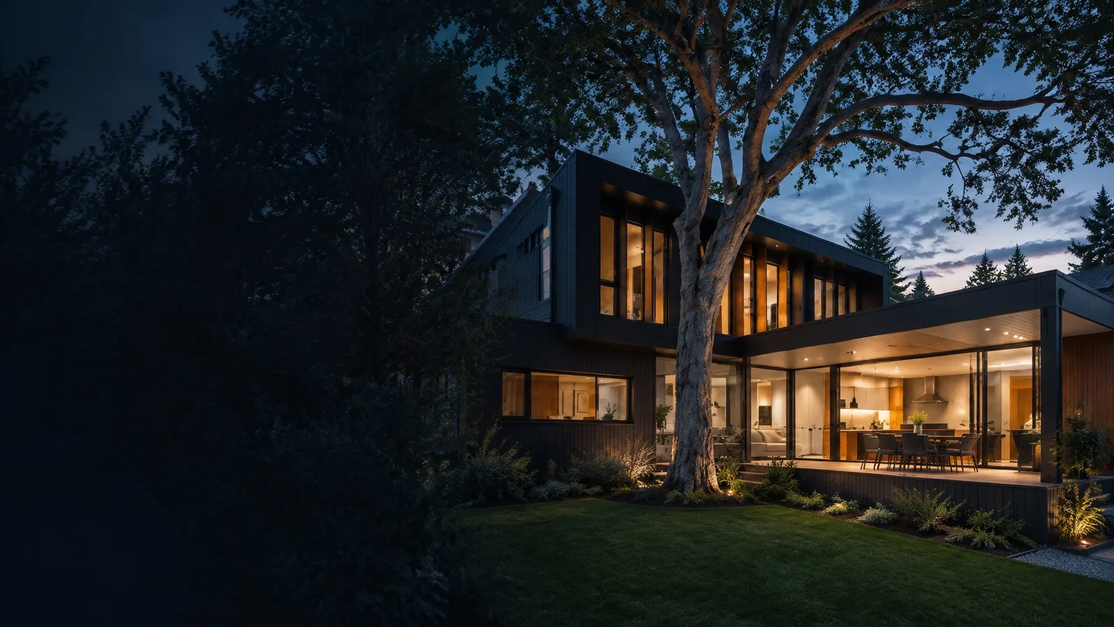 Thoughtfully designed urban infill home at dusk in a leafy neighborhood