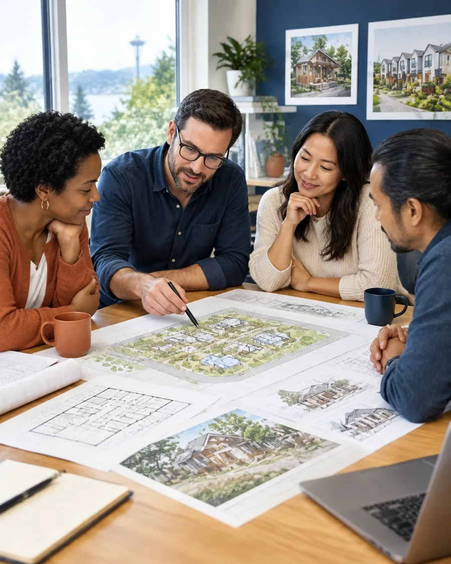 Property owners and development advisors reviewing a site plan together